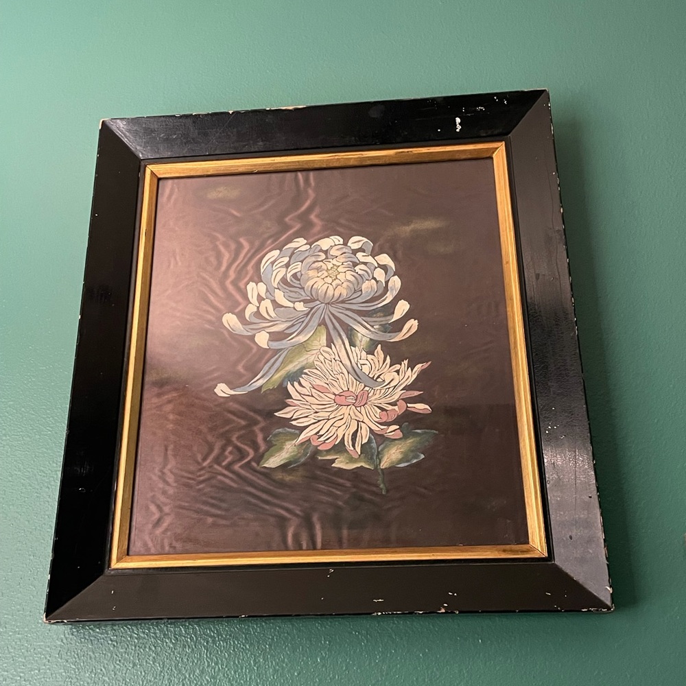 Antique framed black painted flowers on silk